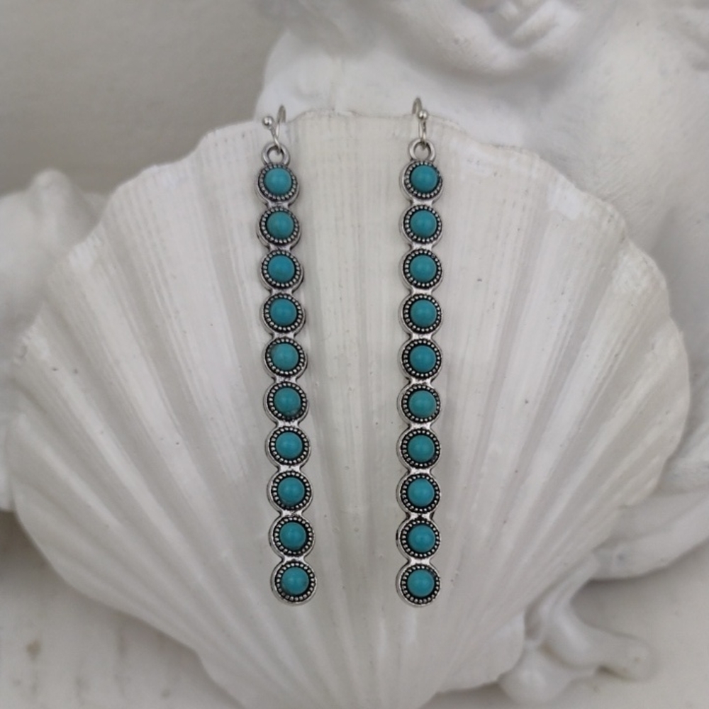 Silver Tone Turquoise Like Stone Linear Drop Earrings